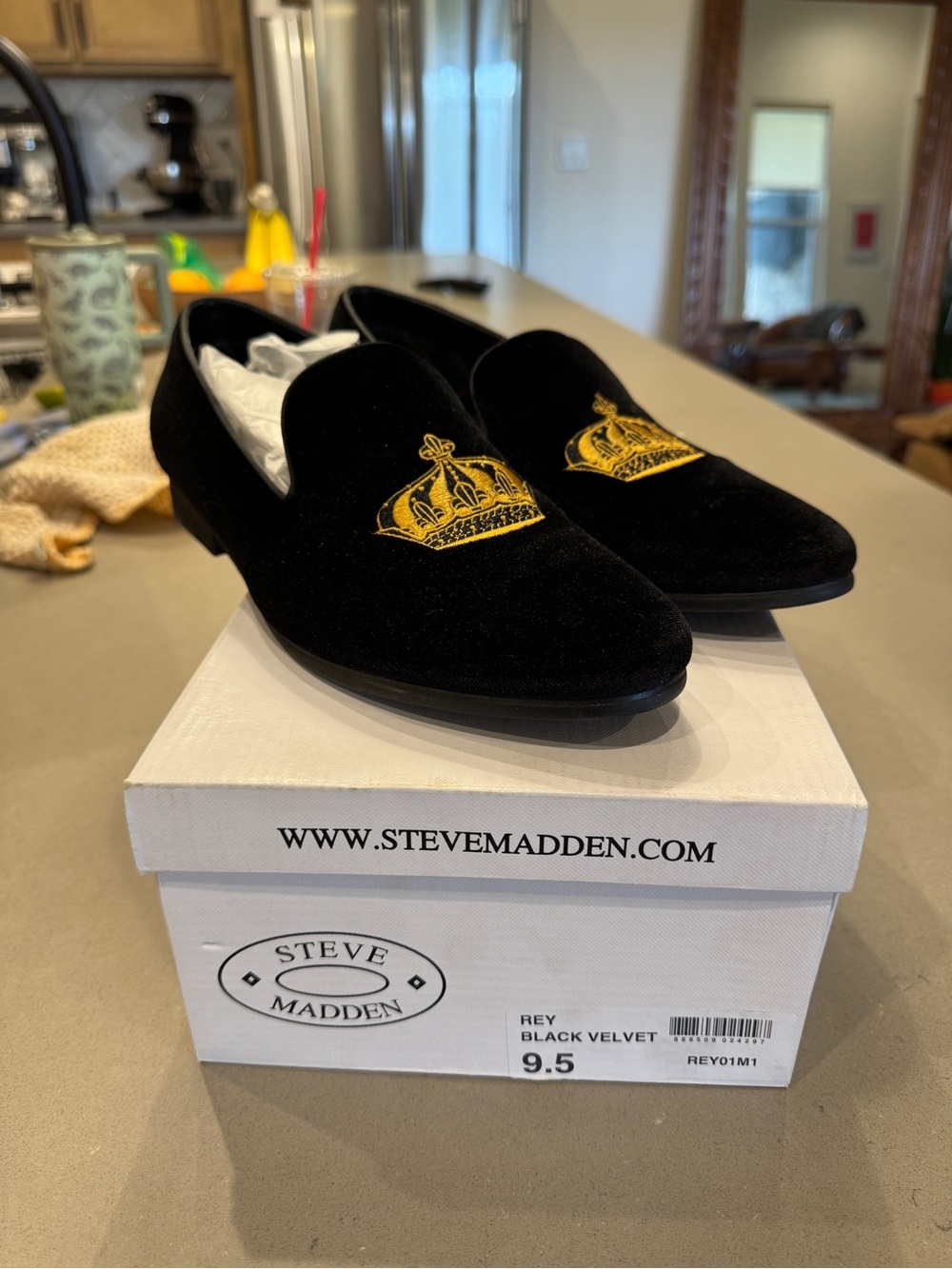 Steve Madden Black Velvet Loafers with Gold Crown Embroidery